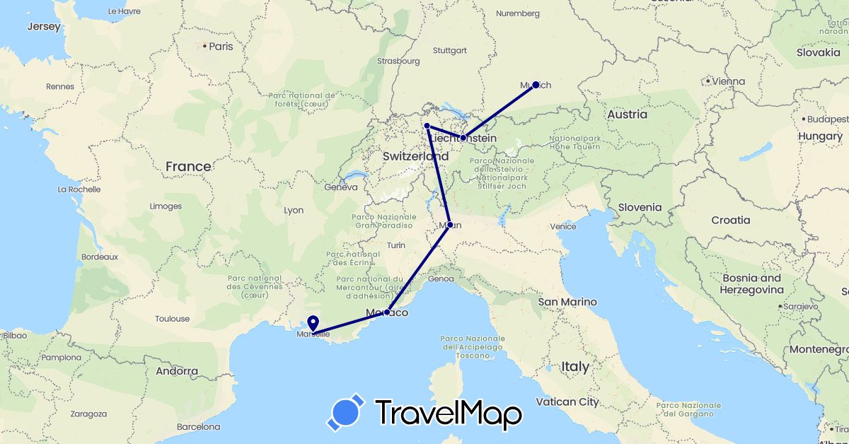 TravelMap itinerary: driving in Switzerland, Germany, France, Italy, Liechtenstein, Monaco (Europe)